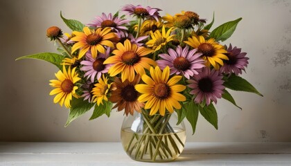 Summer coneflowers in a glass vase, radiating sunshine and serenity in the quaint english countryside