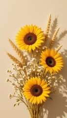 Sunflowers and wheat celebrate the golden harvest, adorned with baby's breath, creating an elegant bouquet