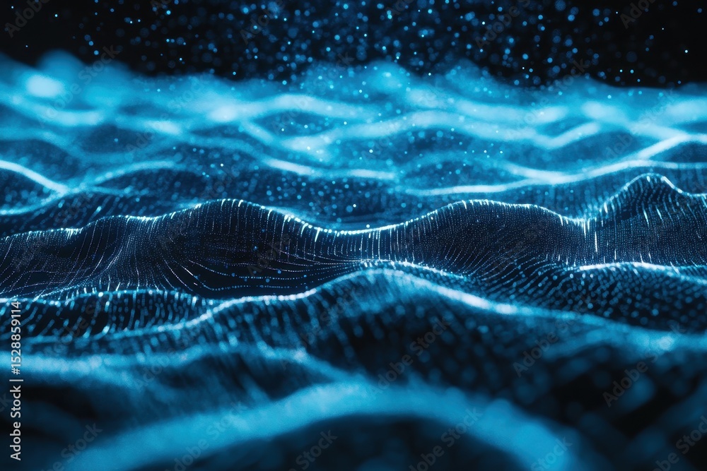 Poster Glowing blue lines create intricate patterns resembling flowing water in a dark environment, Abstract of glowing blue lines forming intricate patterns over dark background
