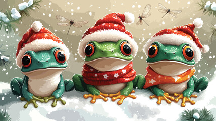 Whimsical Frogs in Santa Outfits.