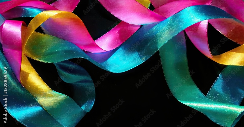 Poster colorful ribbons flow, intertwining against dark background. bright hues create dynamic, vibrant com