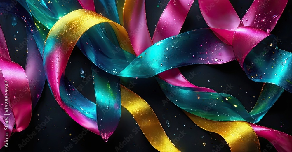 Poster colorful ribbons intertwine, creating dynamic abstract composition. bright hues contrast dark backgr
