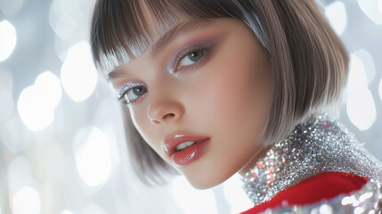 Close-up of a young woman wearing futuristic metallic makeup