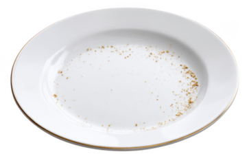 Empty white plate with crumbs isolated on transparent background
