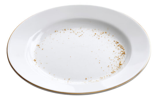 Empty white plate with crumbs isolated on transparent background