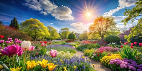 Vibrant Spring Garden Path Amidst Blossoming Tulips and Lush Greenery, Bathed in Golden Sunlight
