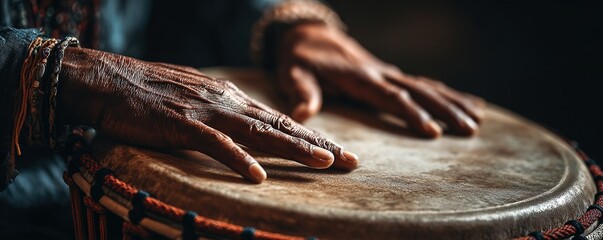 The rhythmic beating of a traditional hand drum focus on   Deep, calming rhythms for relaxation   vibrant   Double exposure   Music studio backdrop. High quality