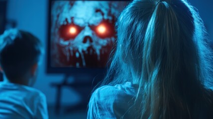 Two children sitting together, engrossed in a horror movie on the screen, highlighting their expressions of fear and fascination as a scary face looms large.