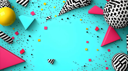 Obraz premium Vibrant geometric shapes on teal background. Colorful, abstract composition of various forms, including spheres, cones, and pyramids. Scattered confetti adds visual interest