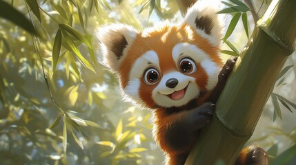 Obraz premium Cute Red Panda Smiling in Bamboo Forest with Sunlight Rays