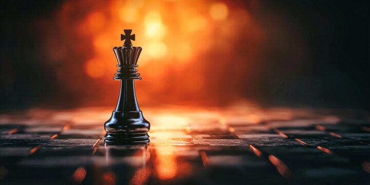 Unlocking Potential Through Power and Authority, A solitary black chess king piece stands out against a blurred orange and red background, symbolizing strategy and power.