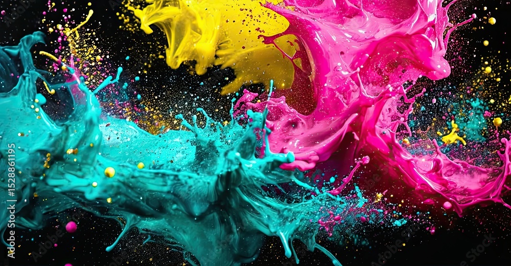 Poster vibrant paint splashes collide, creating dynamic colorful explosion against dark background. intense
