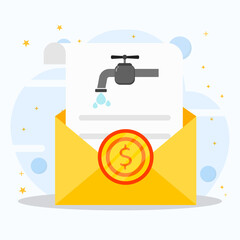An opened yellow envelope containing an water usage bill document with dollar coins. Monthly expenses concept.