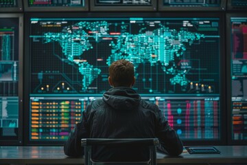 Futuristic vision  individual observing a global network of interconnected data points