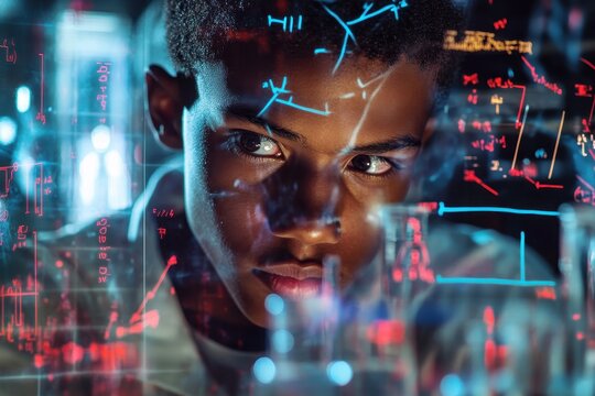 Biracial schoolboy focuses on mathematical equations while engaging in a science activity, mathematical equations over biracial schoolboy doing experiment in lab