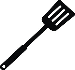  A minimalist black silhouette icon of a kitchen spatula. The spatula should have a long handle.