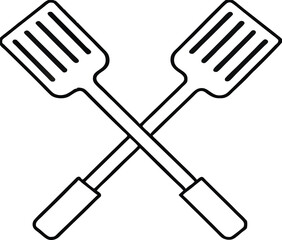  A simple, clean, black-and-white line art illustration of two kitchen spatulas. Each spatula should have a flat, slotted head and a straight handle.