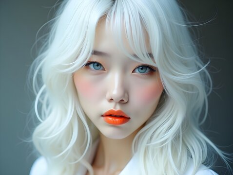 Asian woman with white hair, blue eyes and bold orange lips portrait image. Contemporary ethereal female picture photorealistic photography. Fashion model concept photo realistic