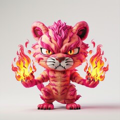 Pink tiger cub with flaming paws, exuding both cute and fierce characteristics isolated on white background