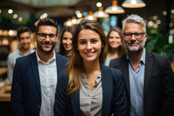 A diverse group of smiling professionals poses confidently in a modern office space, symbolizing teamwork, collaboration, and a positive work environment.