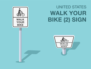 Traffic regulation rules. Isolated United States "walk your bike (2)" road sign. Front and top view. Flat vector illustration template.
