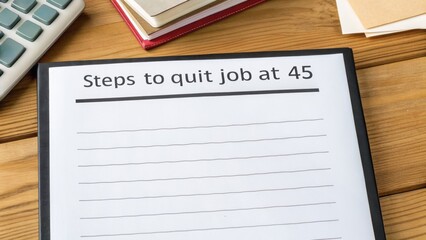 Financial independence early retirement concept. A notepad titled "Steps to quit job at 45" with empty lines for notes on a wooden desk.