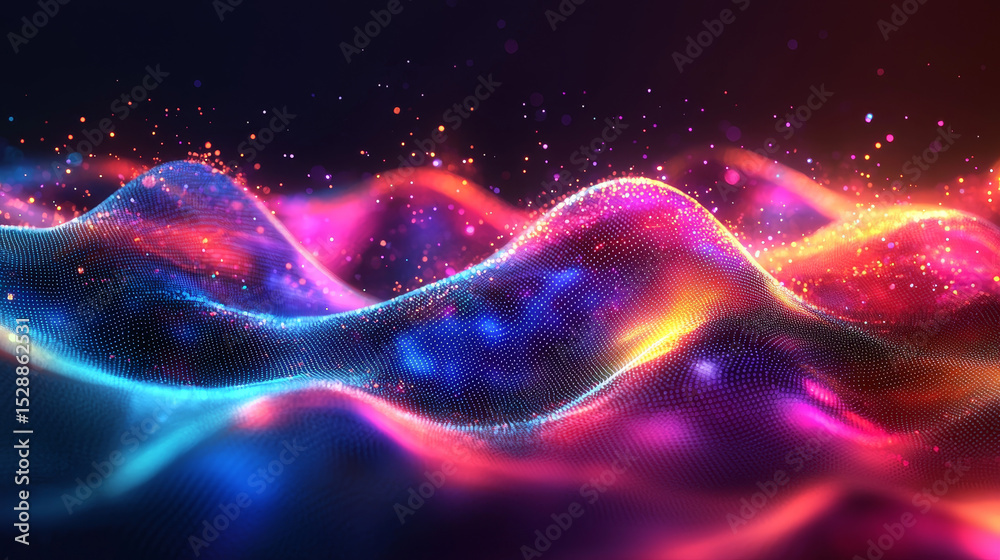 Poster colorful digital waveform with gradient hues on a dark canvas, showcasing futuristic charts and grap