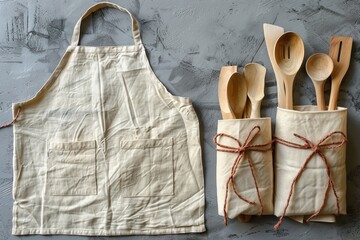 Beige linen apron with wooden utensils and eco friendly paper packaging on neutral background