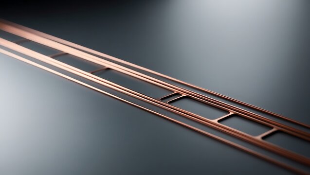 Metallic copper rail design in sleek industrial style, representing futuristic transportation tracks or product channel concept.