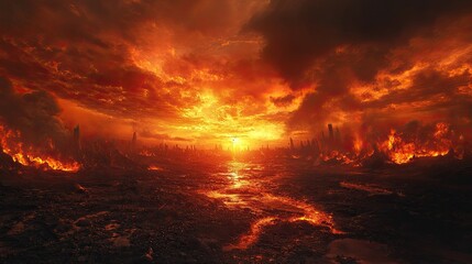 A fiery sunset blazes over a desolate landscape casting an apocalyptic glow across the ruins and a burning river with