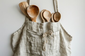 Beige linen kitchen apron with wooden cooking utensils and eco friendly paper packaging
