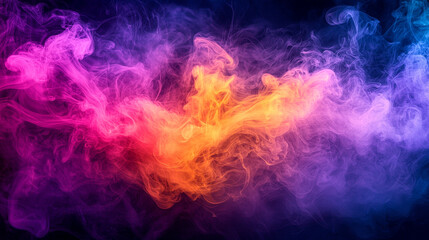 Fototapeta premium Dynamic and Vibrant Cloud of Colorful Smoke Abstract Swirling Patterns in Purple, Pink, and Yellow Create Mesmerizing Visual Effect Against Dark Background
