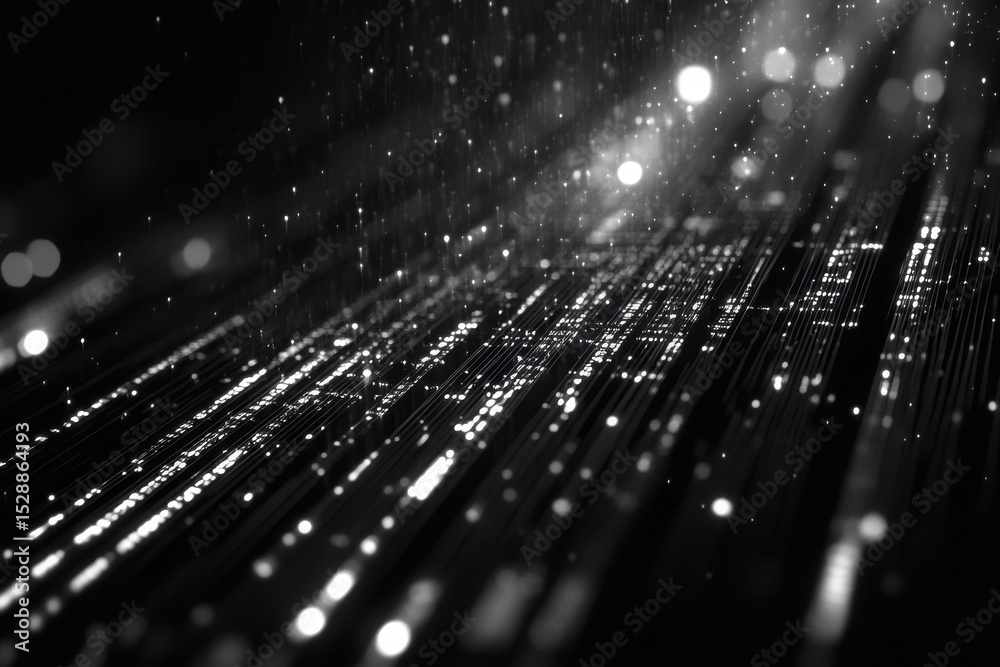 Poster Data processing creates dynamic lines and patterns against a black background in an abstract representation, data processing over lines on black background