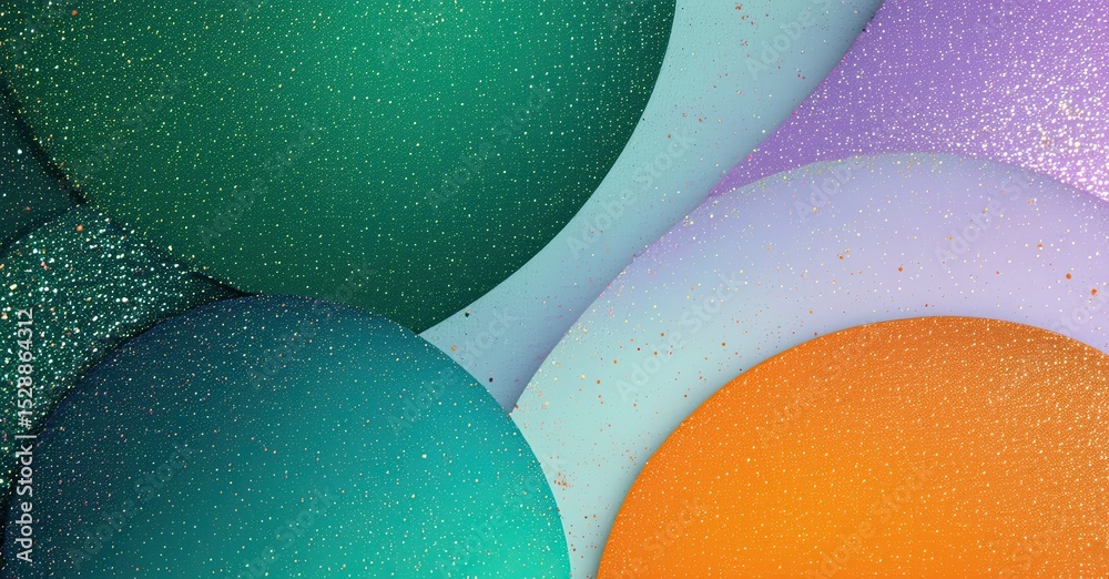 Poster Abstract circles overlap, creating vibrant color gradients. Glitter effect adds texture, modern aesthetic. Minimalist design.