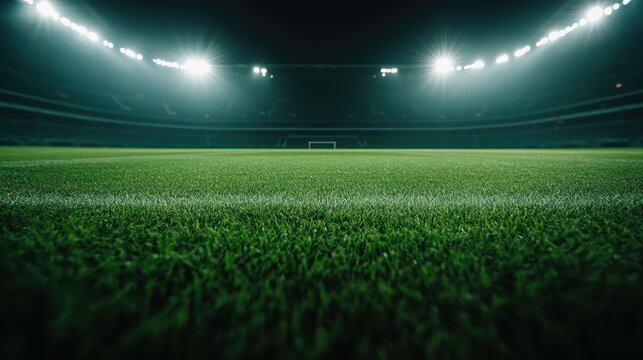 This captivating image presents a vividly lit football field under the night sky, showcasing the green grass and bright stadium lights that create an electrifying atmosphere.