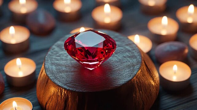 A ruby placed on a wooden pedestal surrounded by soft candlelight.