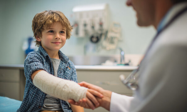 A young boy with a cast on his arm shaking hands with a doctor in a medical examination room setting