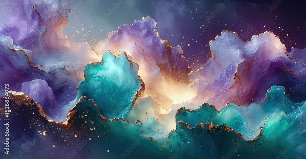 Poster abstract fluid art. purple, teal, gold hues blend. swirling patterns create dynamic, ethereal landsc