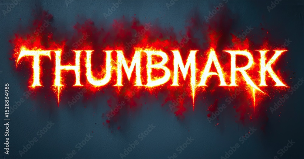 Poster fiery text spells thumbmark against dark blue backdrop. red splatter effects enhance dramatic visual