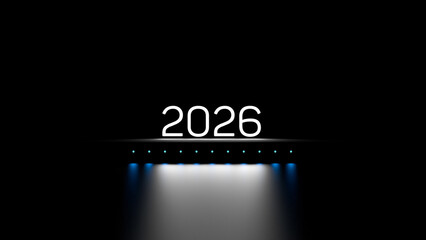 2026 numeral,number neon lettering with reflection. Two thousand twenty sixth year luminous abstract wallpaper.3D render