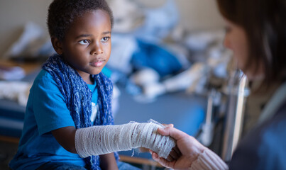 A young boy with a bandaged arm being examined by a doctor in a hospital setting looking concerned