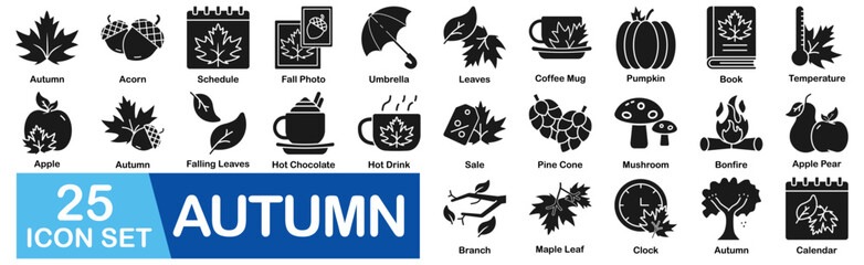 Autumn Icon Set With Acorn, Schedule, Fall Photo, Umbrella, Leaves, Coffee Mug, Pumpkin, Book, Temperature, Apple, Falling Leaves, Hot Chocolate