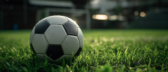 A soccer ball resting on green grass with a blurred background of a field and a goalpost in the distance