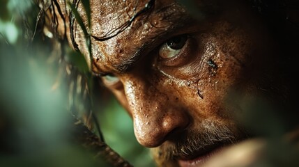 A rugged man gazes intensely through foliage, conveying raw emotion and contemplation, reflecting the primal connection to nature and human resilience in challenging environments.