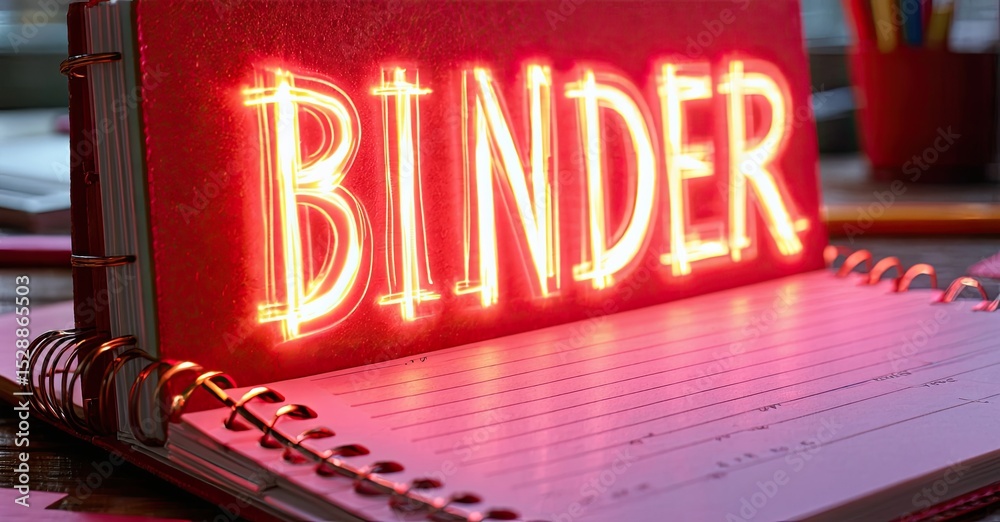 Aufkleber bright red binder glows atop open notebook. dark background emphasizes illuminated text, creating dr