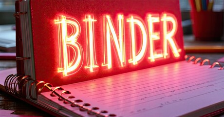 Bright red binder glows atop open notebook. Dark background emphasizes illuminated text, creating dramatic effect. Office supplies visible.