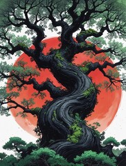 Surreal Fantasy Tree Digital Art with Red Moon, Snow Landscape, Japanese Style Illustration. The lovely digital art.