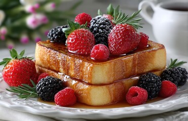 A close-up of French toast with berries and red syrup, presented on an elegant white plate for a sophisticated breakfast setting.