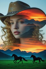Beautiful Cowgirl Face with Hat and Wild Horses Background at sunset, a digital art.

