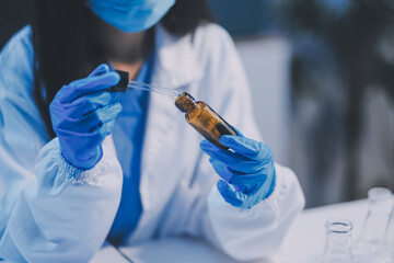 Research, experiment and medical trial being done by a scientist in a lab, science facility or...